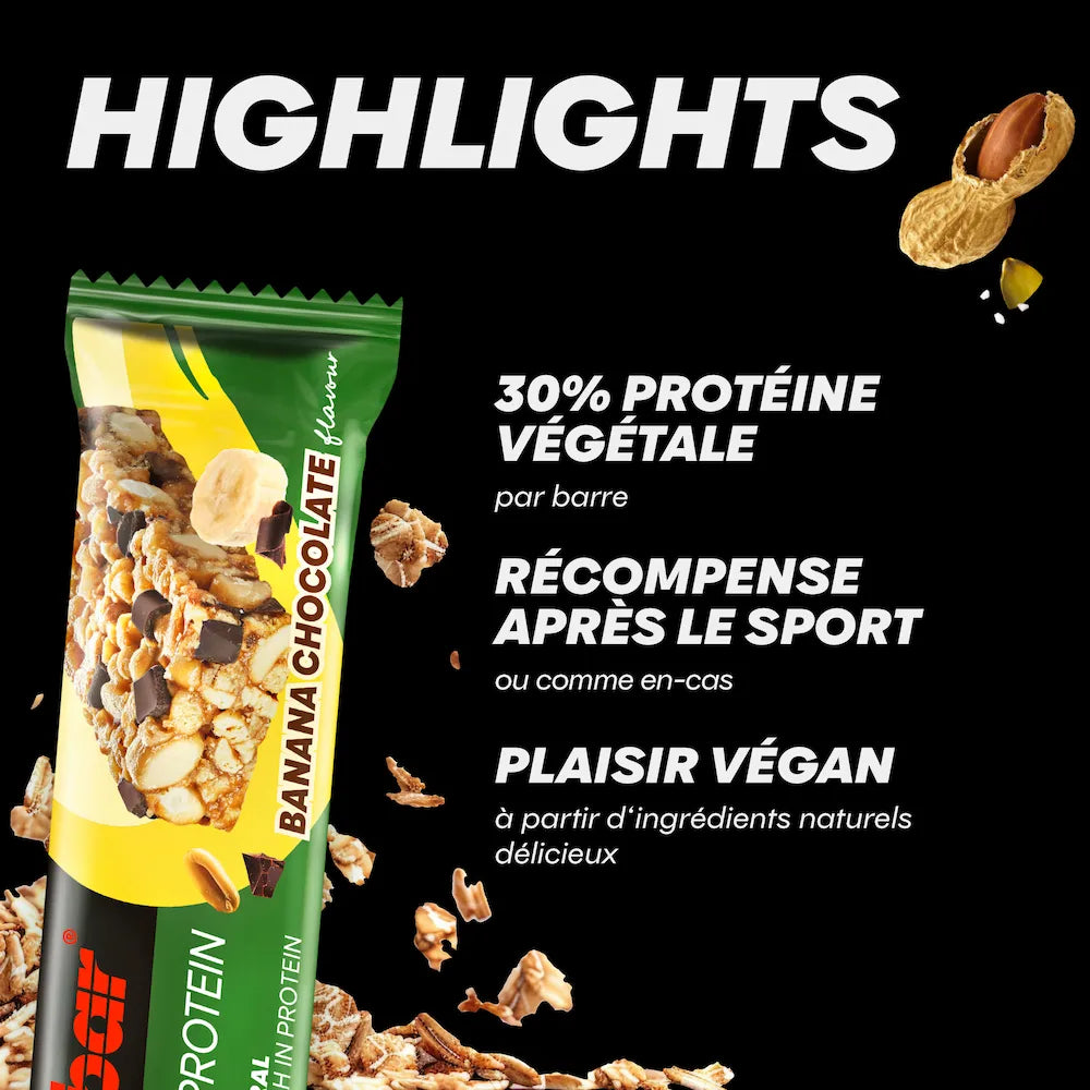 Barre Powerbar Natural Protein Banane-chocolat vegan avec 30 % de protéines végétales, banane, chocolat et cacahuètes
