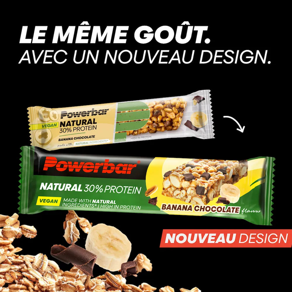 Ancien et nouveau packaging de la barre vegan Powerbar Natural Protein Banane-chocolat 40 g