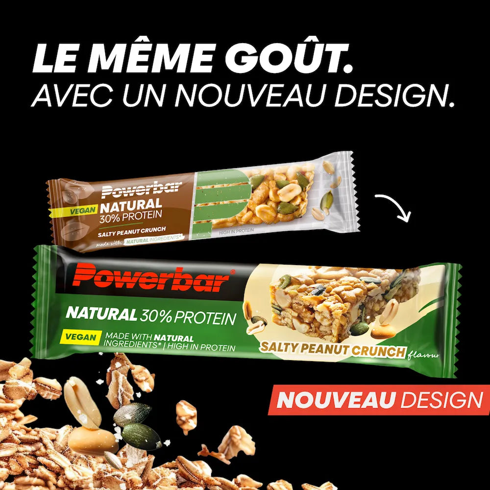 Ancien et nouveau packaging de la barre vegan Powerbar Natural Protein Cacahuètes salées 40 g