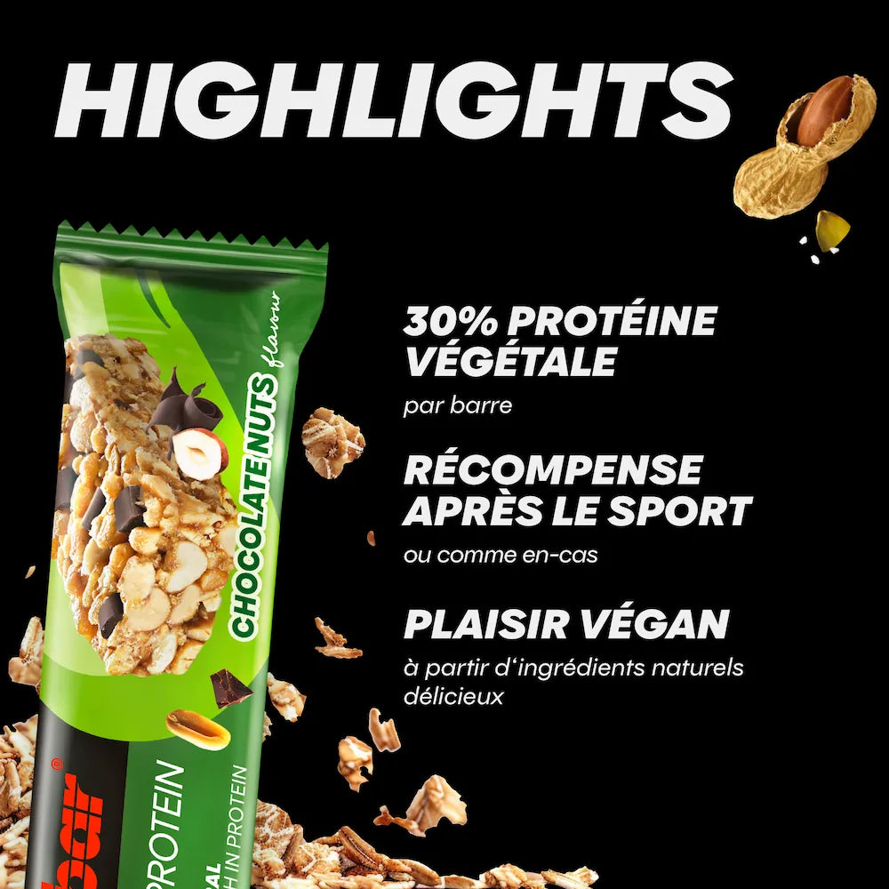 Barre Powerbar Natural Protein Chocolat-noisettes vegan avec 30 % de protéines végétales, noisettes et chocolat noir