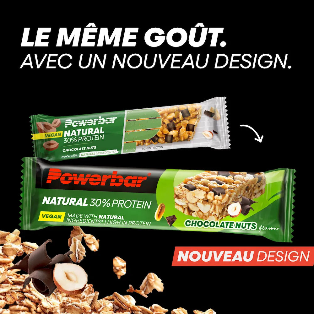 Ancien et nouveau packaging de la barre vegan Powerbar Natural Protein Chocolat-noisettes 40 g