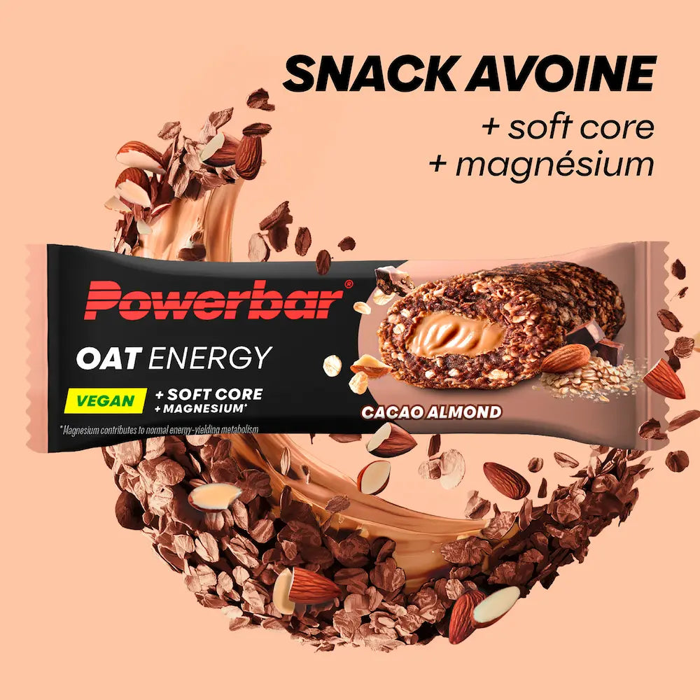 Barre Powerbar OAT Energy Cacao Amandes avec flocons d'avoine, amandes, cœur moelleux et magnésium