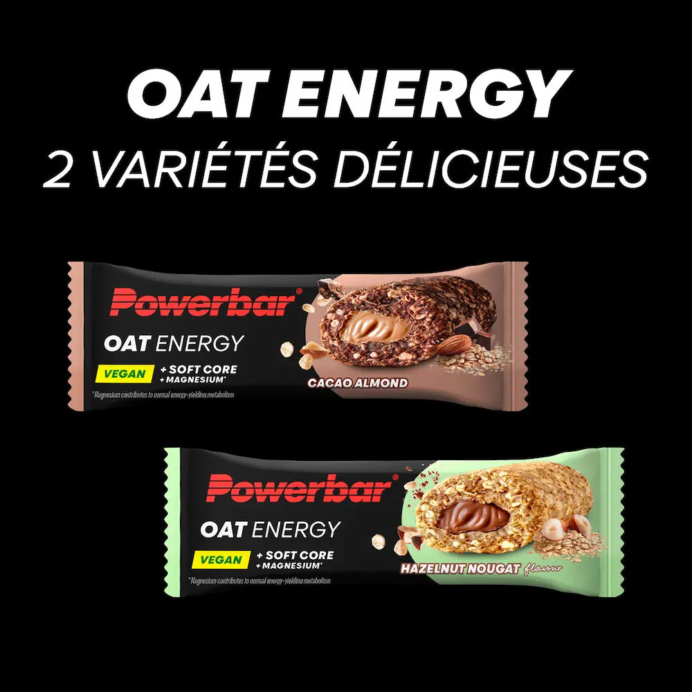Barres Powerbar OAT Energy 50 g dans les deux saveurs Cacao Amandes et Nougat Noisettes