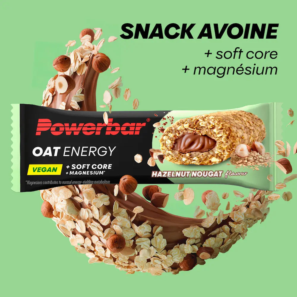Barre Powerbar OAT Energy Nougat Noisettes avec flocons d'avoine, noisettes, cœur moelleux et magnésium