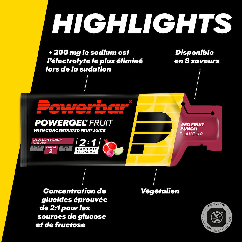 Powerbar PowerGel Fruit Fruits Rouges vegan avec glucides glucose-fructose 2:1 et plus de 200 mg de sodium