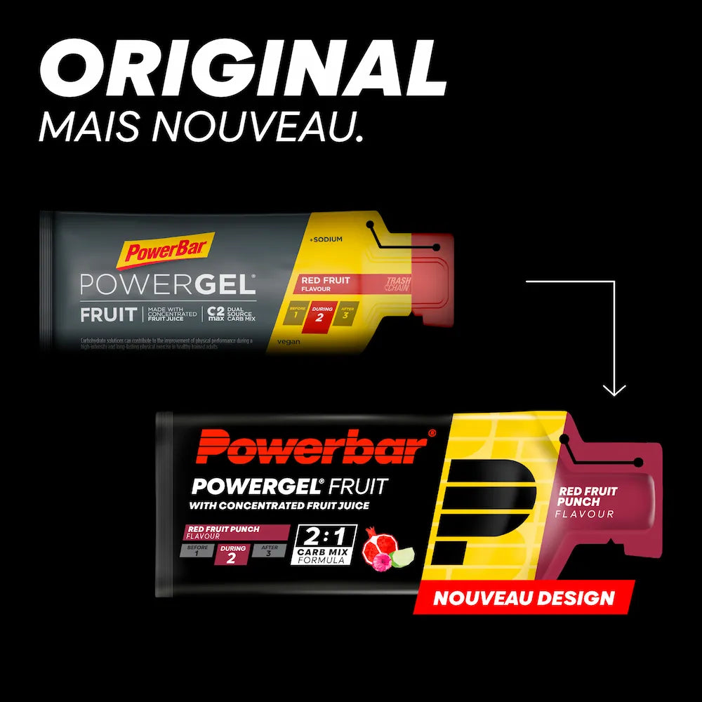 Ancien et nouveau packaging du gel énergétique Powerbar PowerGel Fruit Fruits Rouges 41 g