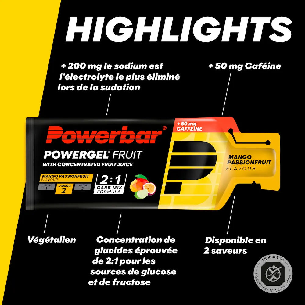Powerbar PowerGel Fruit Mangue-Passion vegan avec 50 mg de caféine, plus de 200 mg de sodium et glucides 2:1
