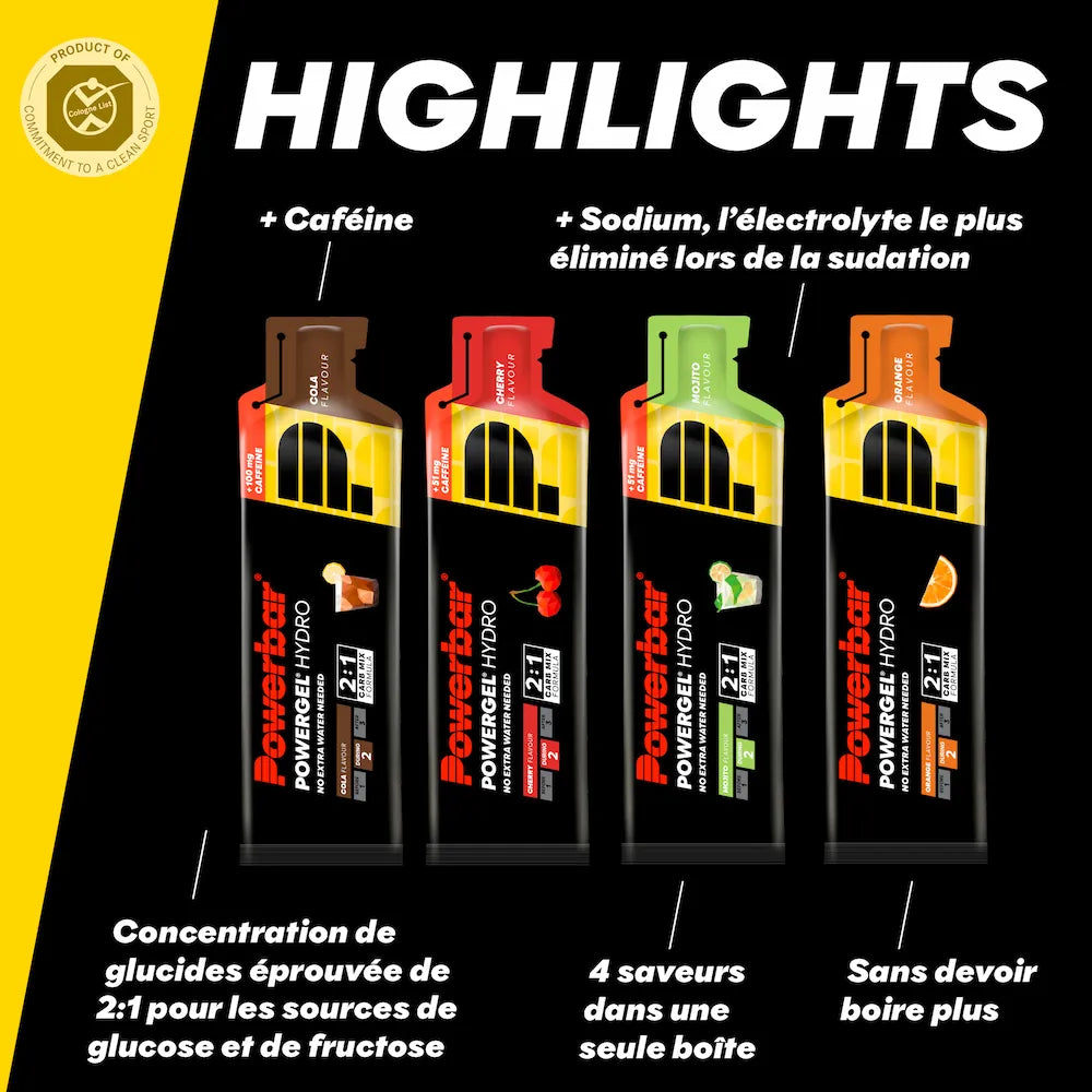 Gamme Powerbar PowerGel Hydro Cerise, Cola, Mojito et Orange avec glucides 2:1, sodium et caféine selon la saveur