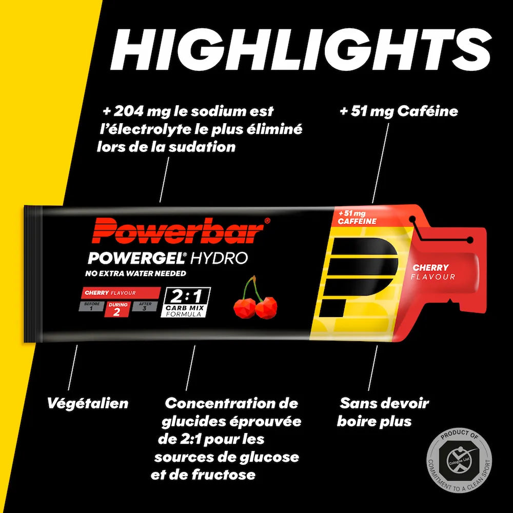 Powerbar PowerGel Hydro Cerise avec 51 mg de caféine, 204 mg de sodium et mélange de glucides glucose-fructose 2:1