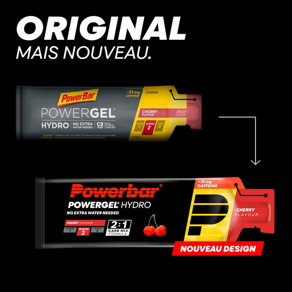 Ancien et nouveau packaging du gel Powerbar PowerGel Hydro Cerise avec 51 mg de caféine