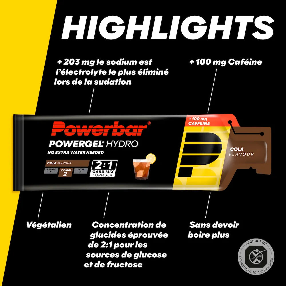 Powerbar PowerGel Hydro Cola avec 100 mg de caféine, 204 mg de sodium et mélange de glucides glucose-fructose 2:1