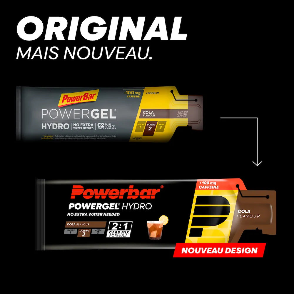 Ancien et nouveau packaging du gel énergétique Powerbar PowerGel Hydro Cola avec 100 mg de caféine