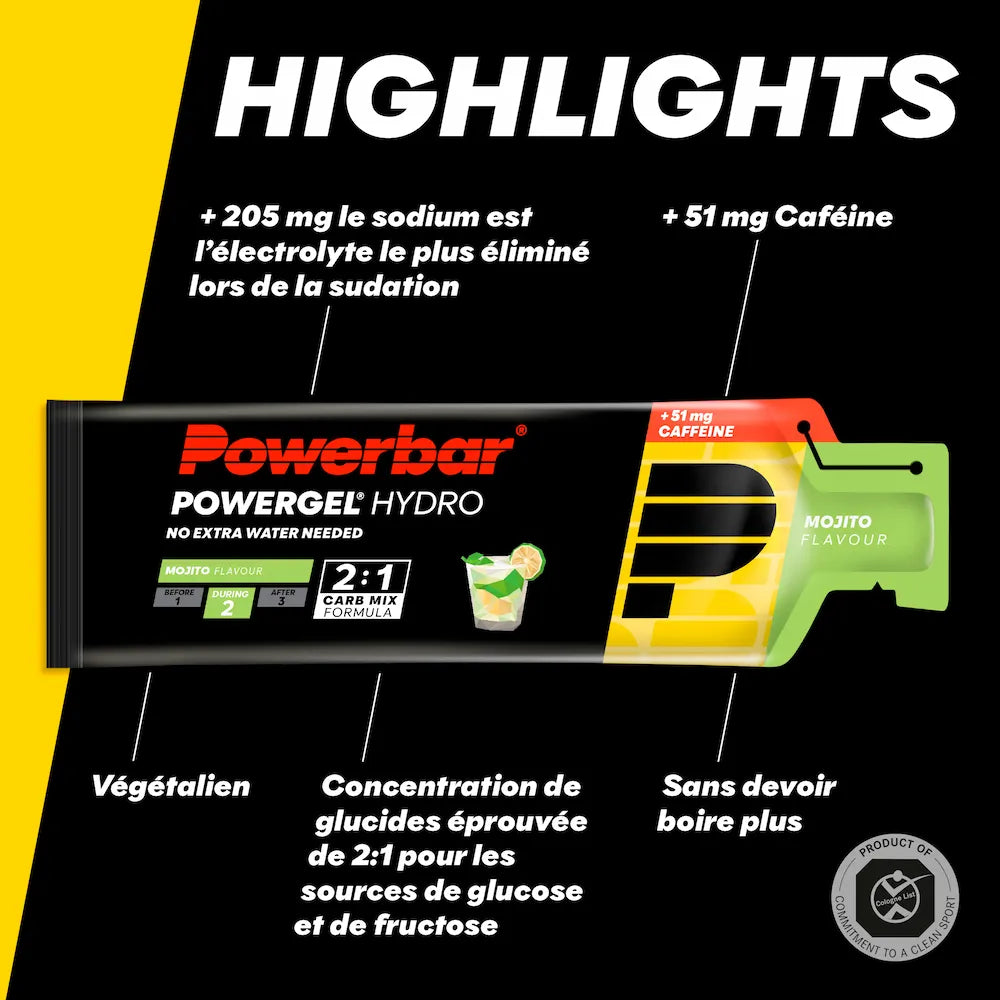 Powerbar PowerGel Hydro Mojito avec 51 mg de caféine, 205 mg de sodium et mélange de glucides glucose-fructose 2:1
