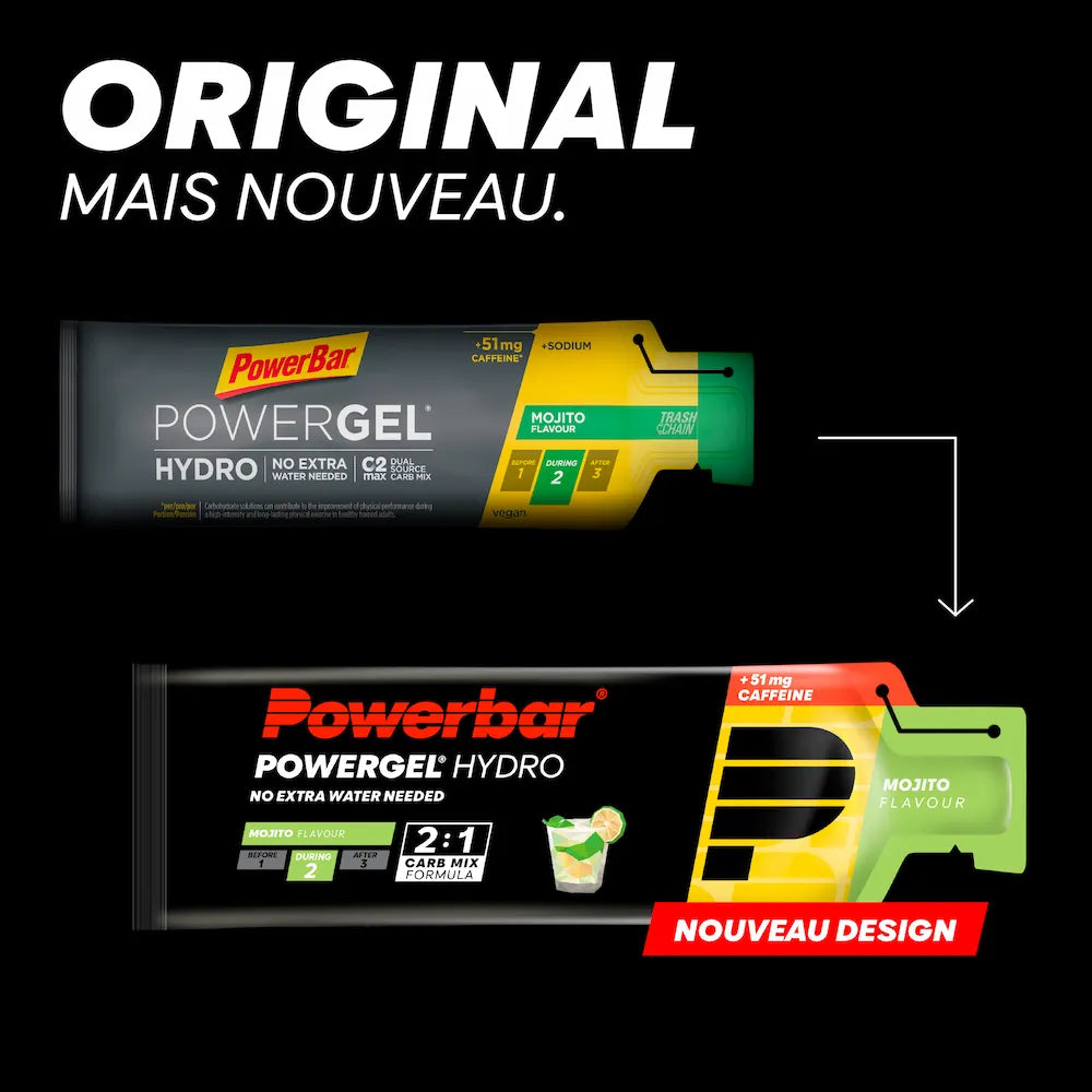 Ancien et nouveau packaging du gel Powerbar PowerGel Hydro Mojito avec 51 mg de caféine