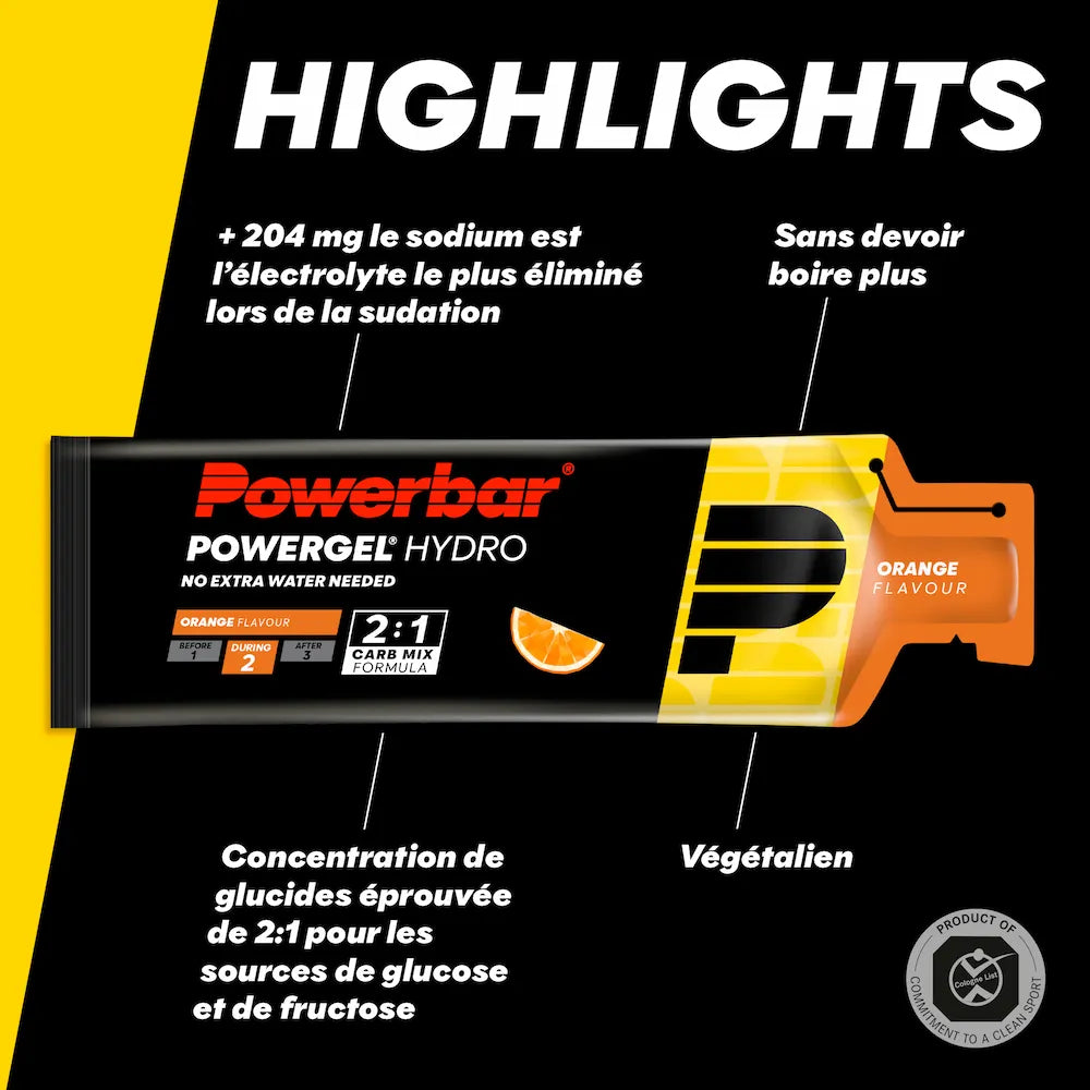 Powerbar PowerGel Hydro Orange vegan avec 25 g de glucides, plus de 200 mg de sodium et formule glucose-fructose 2:1