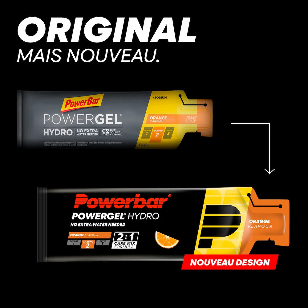 Ancien et nouveau packaging du gel énergétique liquide Powerbar PowerGel Hydro Orange 67 ml