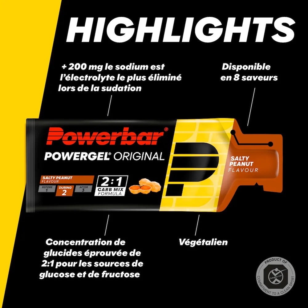 Powerbar PowerGel Original Cacahuètes salées vegan avec plus de 200 mg de sodium et formule de glucides glucose-fructose 2:1