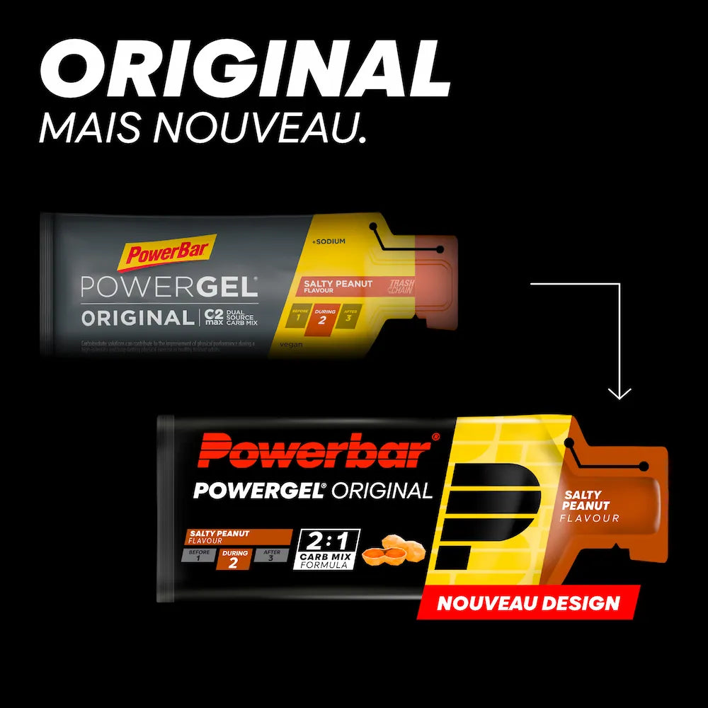 Ancien et nouveau packaging du gel énergétique Powerbar PowerGel Original Cacahuètes salées 41 g