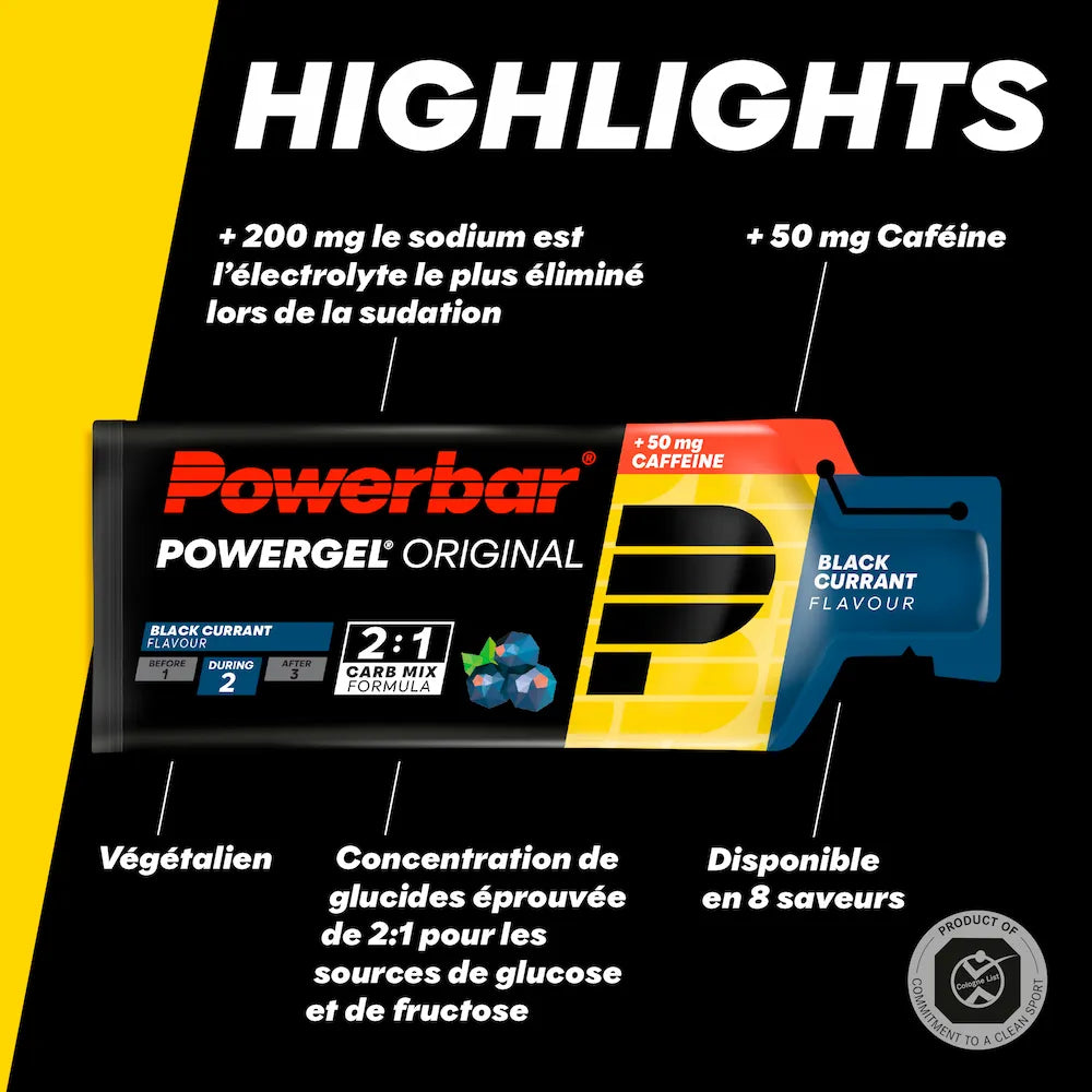 Powerbar PowerGel Original Cassis vegan avec 50 mg de caféine, plus de 200 mg de sodium et glucides 2:1