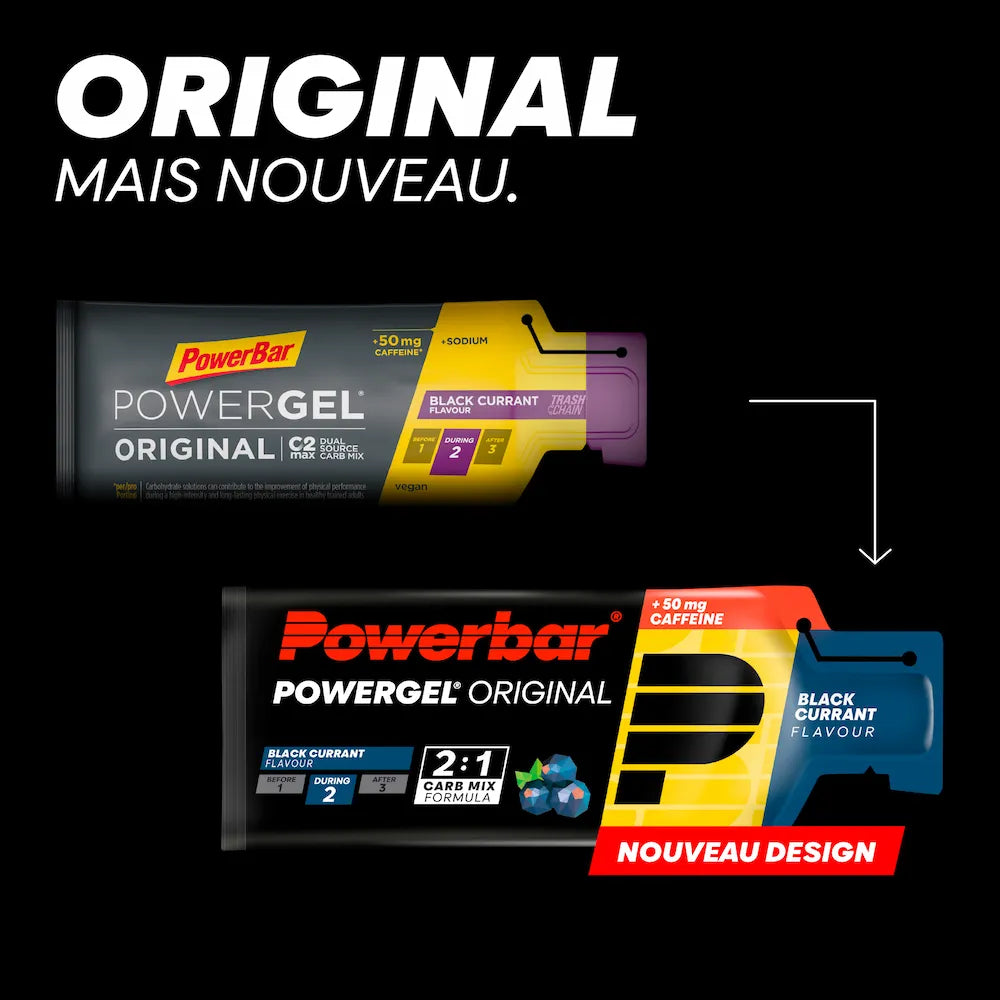 Ancien et nouveau packaging du gel Powerbar PowerGel Original Cassis avec 50 mg de caféine