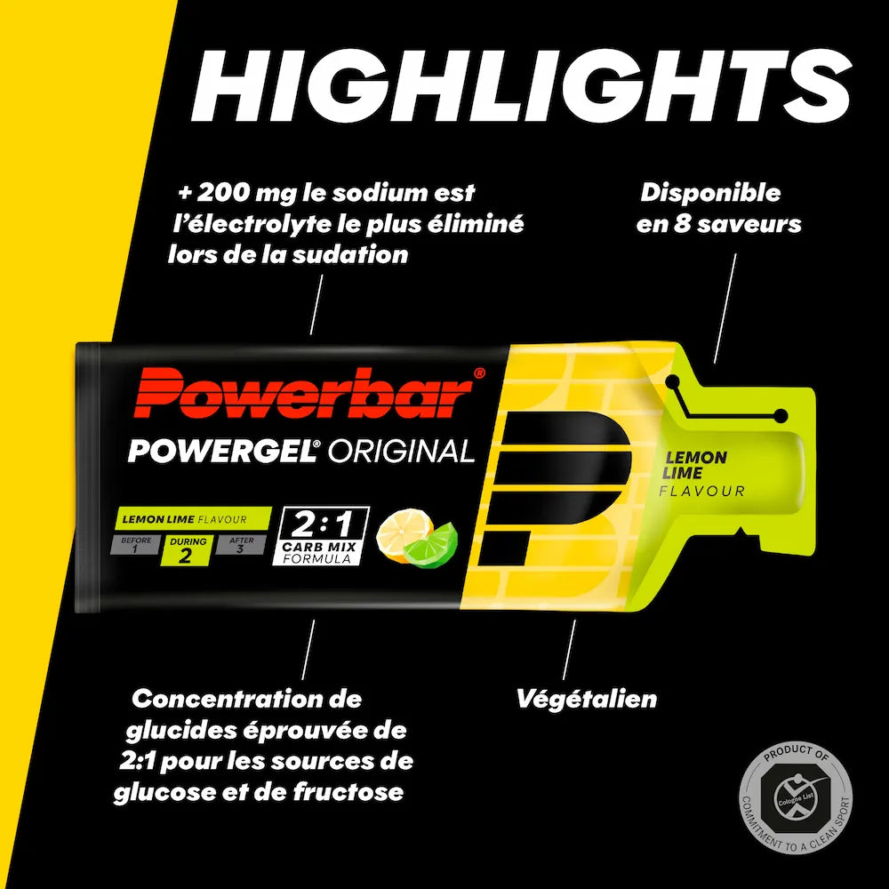 Powerbar PowerGel Original Citron-Citron vert vegan avec plus de 200 mg de sodium et formule de glucides glucose-fructose 2:1