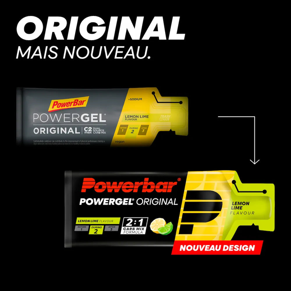 Ancien et nouveau packaging du gel énergétique Powerbar PowerGel Original Citron-Citron vert
