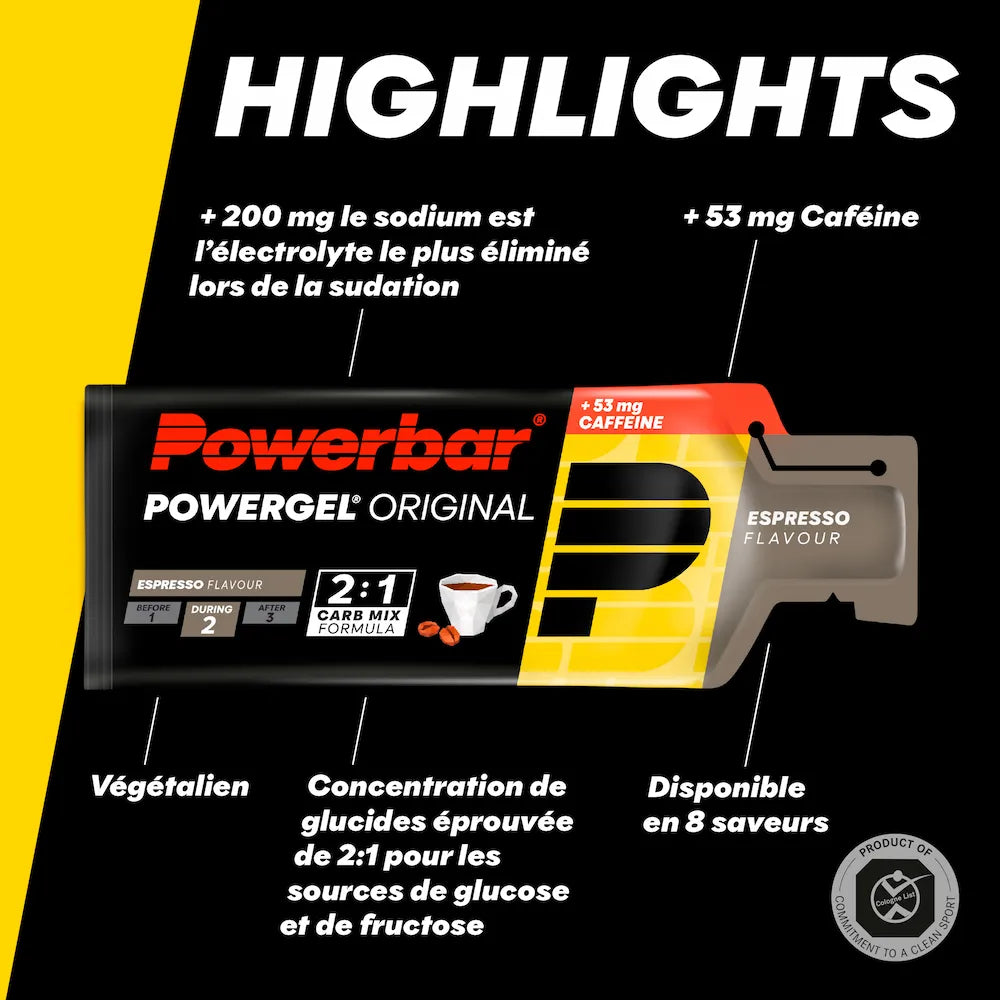Powerbar PowerGel Original Espresso vegan avec 53 mg de caféine, sodium et formule de glucides glucose-fructose 2:1