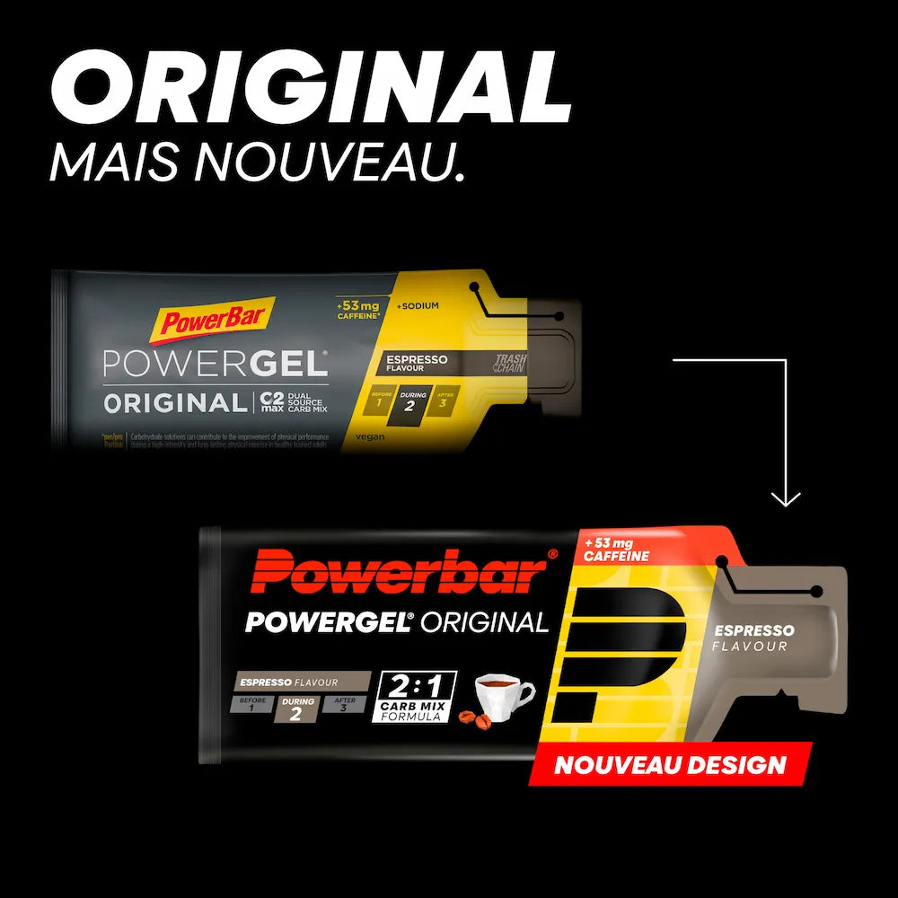 Ancien et nouveau packaging du gel énergétique Powerbar PowerGel Original Espresso avec caféine