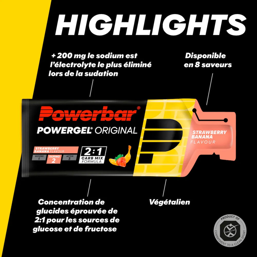 Powerbar PowerGel Original Fraise-Banane vegan avec plus de 200 mg de sodium et formule de glucides glucose-fructose 2:1