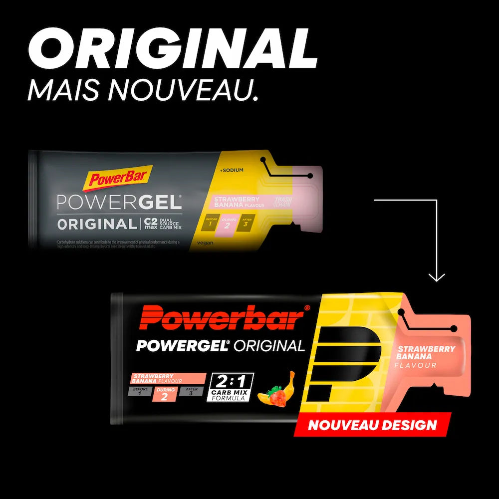 Ancien et nouveau packaging du gel énergétique Powerbar PowerGel Original Fraise-Banane 41 g