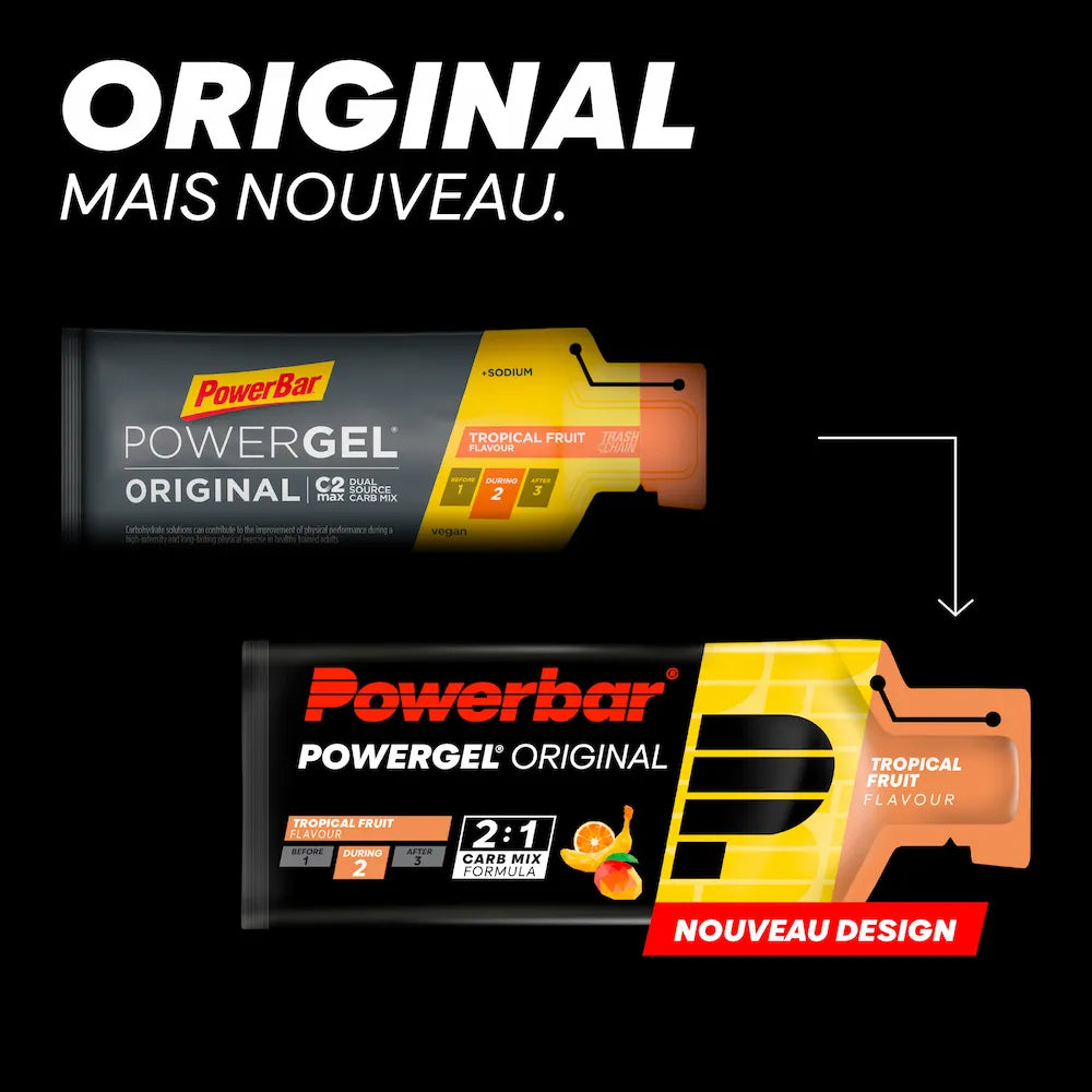 Ancien et nouveau packaging du gel énergétique Powerbar PowerGel Original Fruits tropicaux 41 g