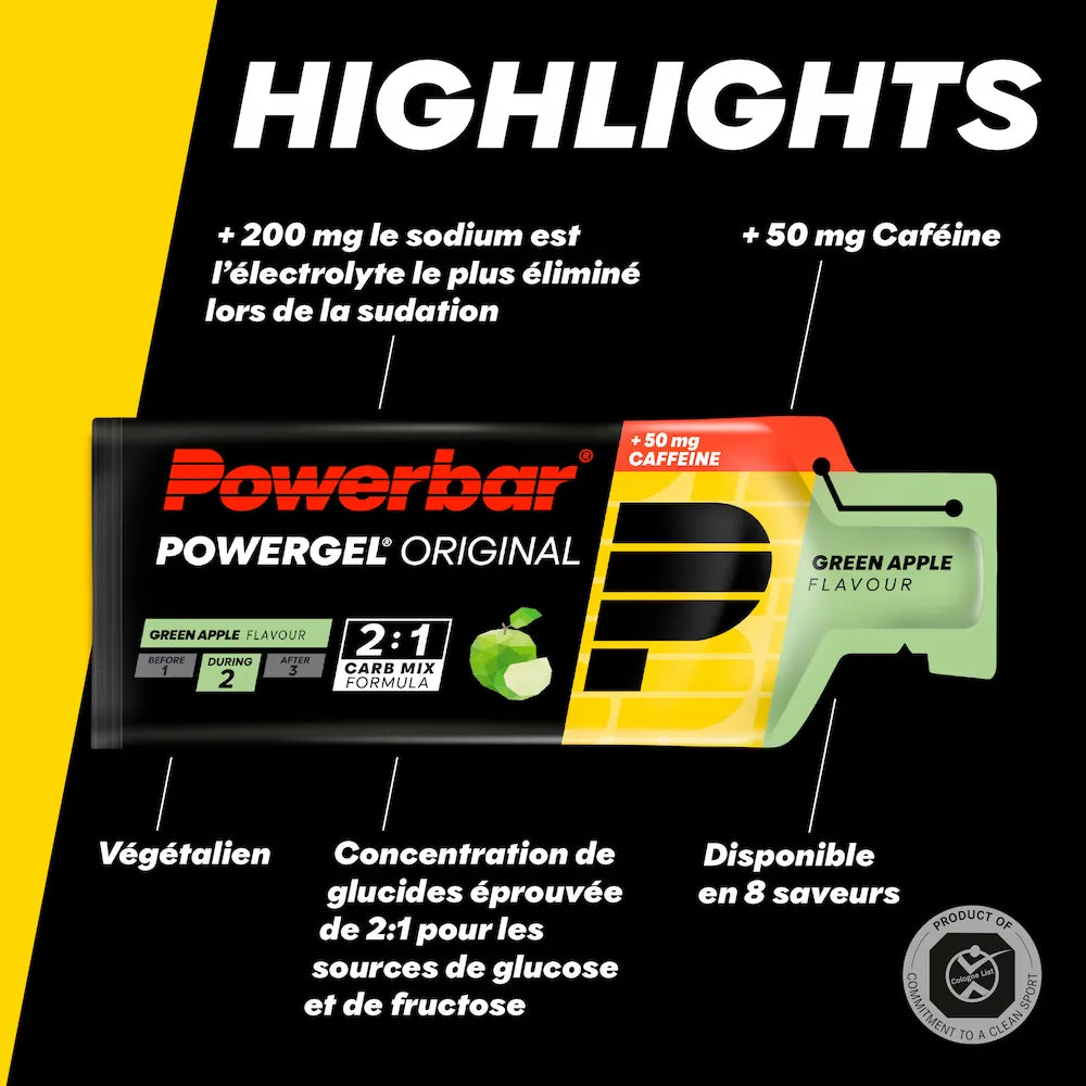 Powerbar PowerGel Original Pomme verte vegan avec 50 mg de caféine, plus de 200 mg de sodium et glucides 2:1