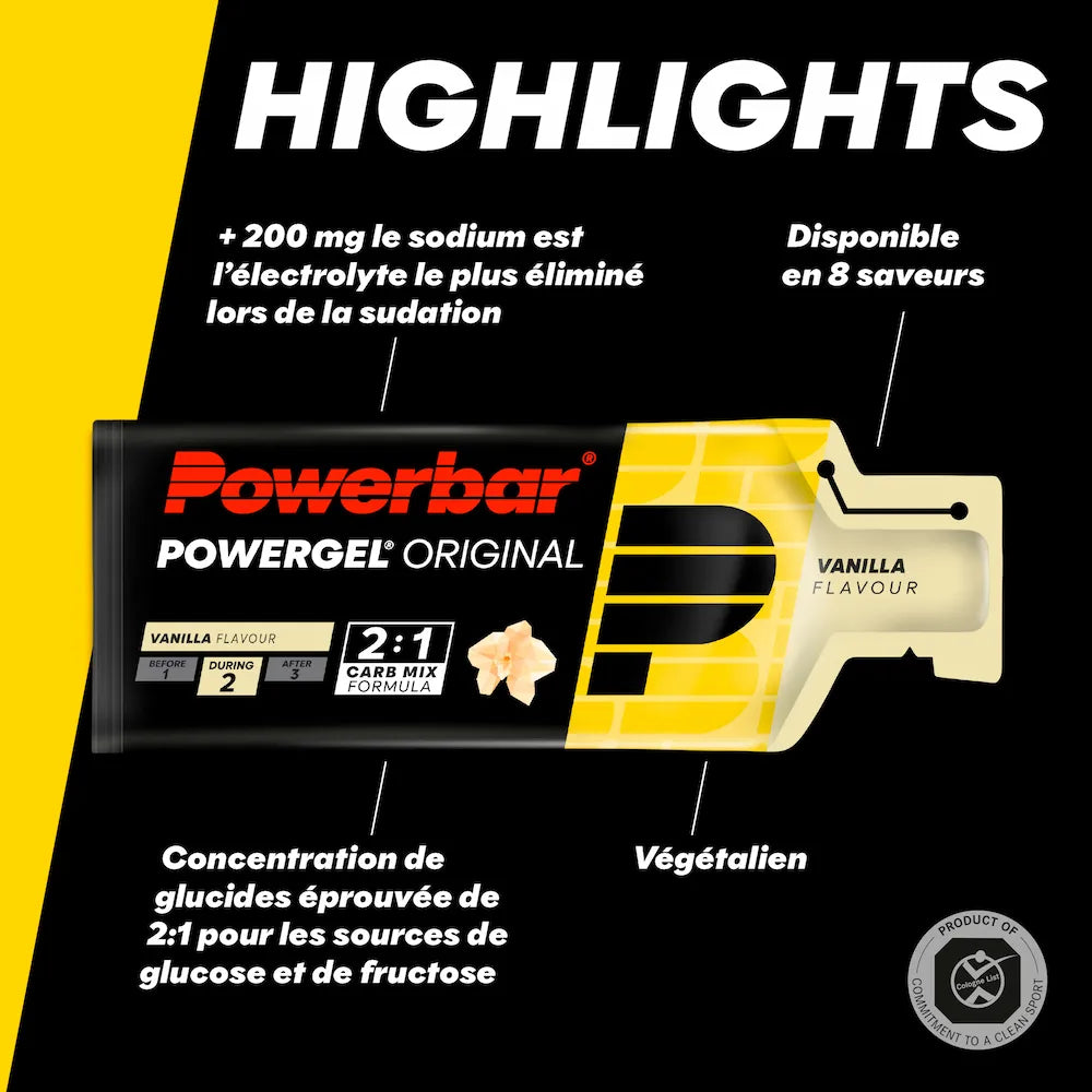 Powerbar PowerGel Original Vanille vegan avec plus de 200 mg de sodium et formule de glucides glucose-fructose 2:1