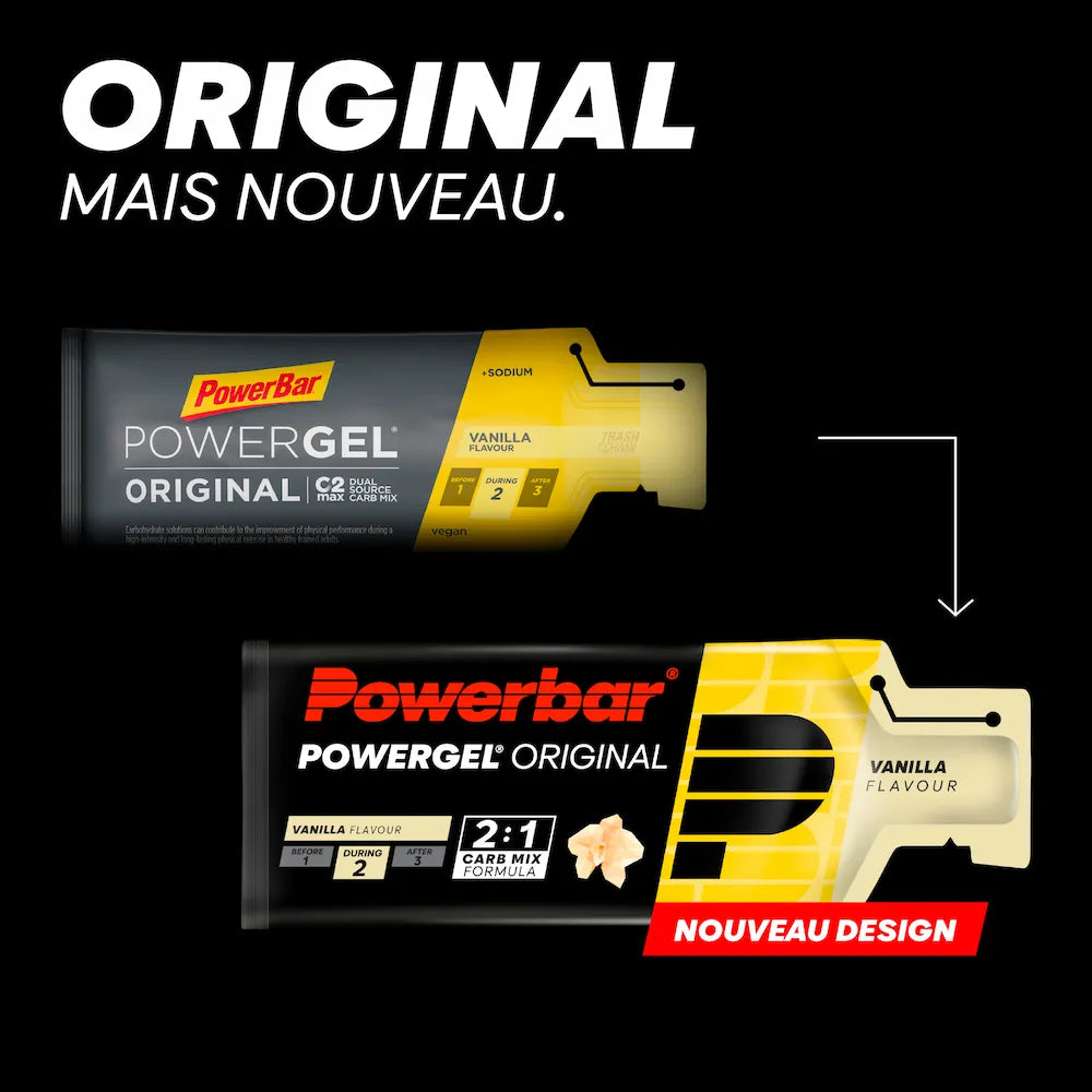 Ancien et nouveau packaging du gel énergétique Powerbar PowerGel Original Vanille 41 g