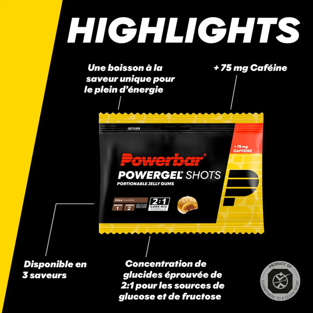 Powerbar PowerGel Shots Cola avec 75 mg de caféine et mélange de glucides glucose-fructose 2:1