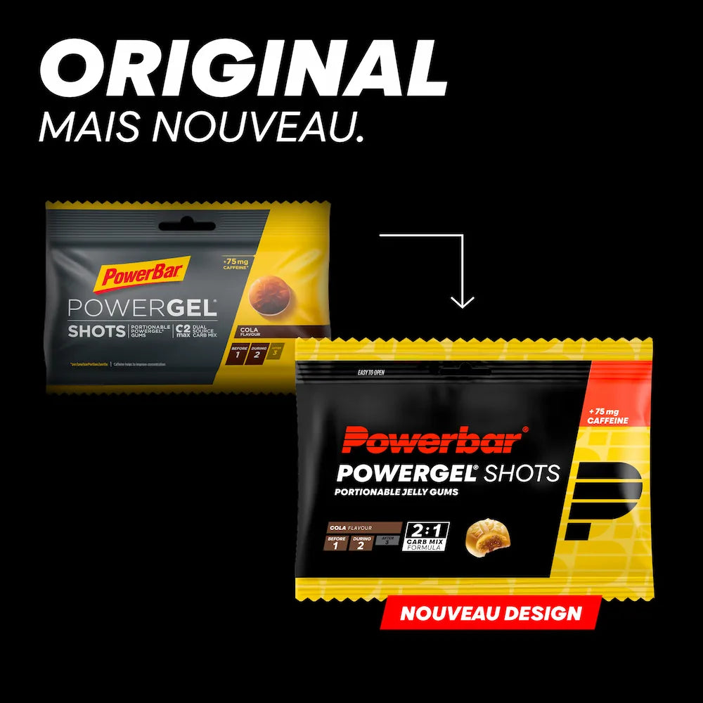 Ancien et nouveau packaging des gommes énergétiques Powerbar PowerGel Shots Cola avec caféine