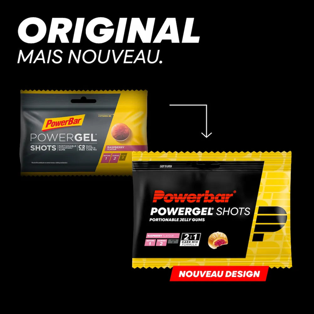 Ancien et nouveau packaging des gommes énergétiques Powerbar PowerGel Shots Framboise 60 g