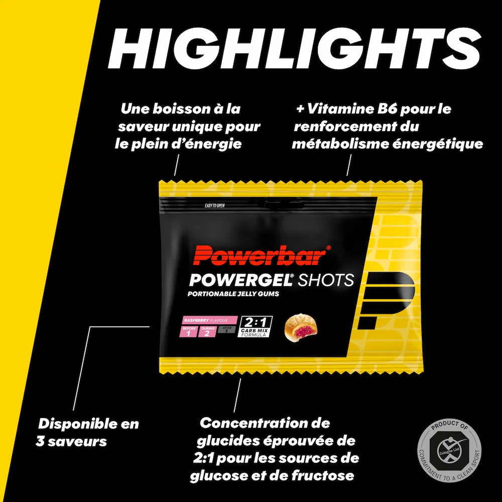 Powerbar PowerGel Shots Framboise avec vitamine B6 et mélange de glucides glucose-fructose 2:1