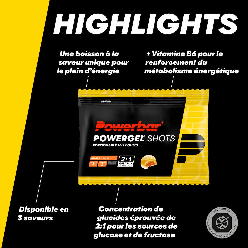 Powerbar PowerGel Shots Orange avec vitamine B6 et mélange de glucides glucose-fructose 2:1