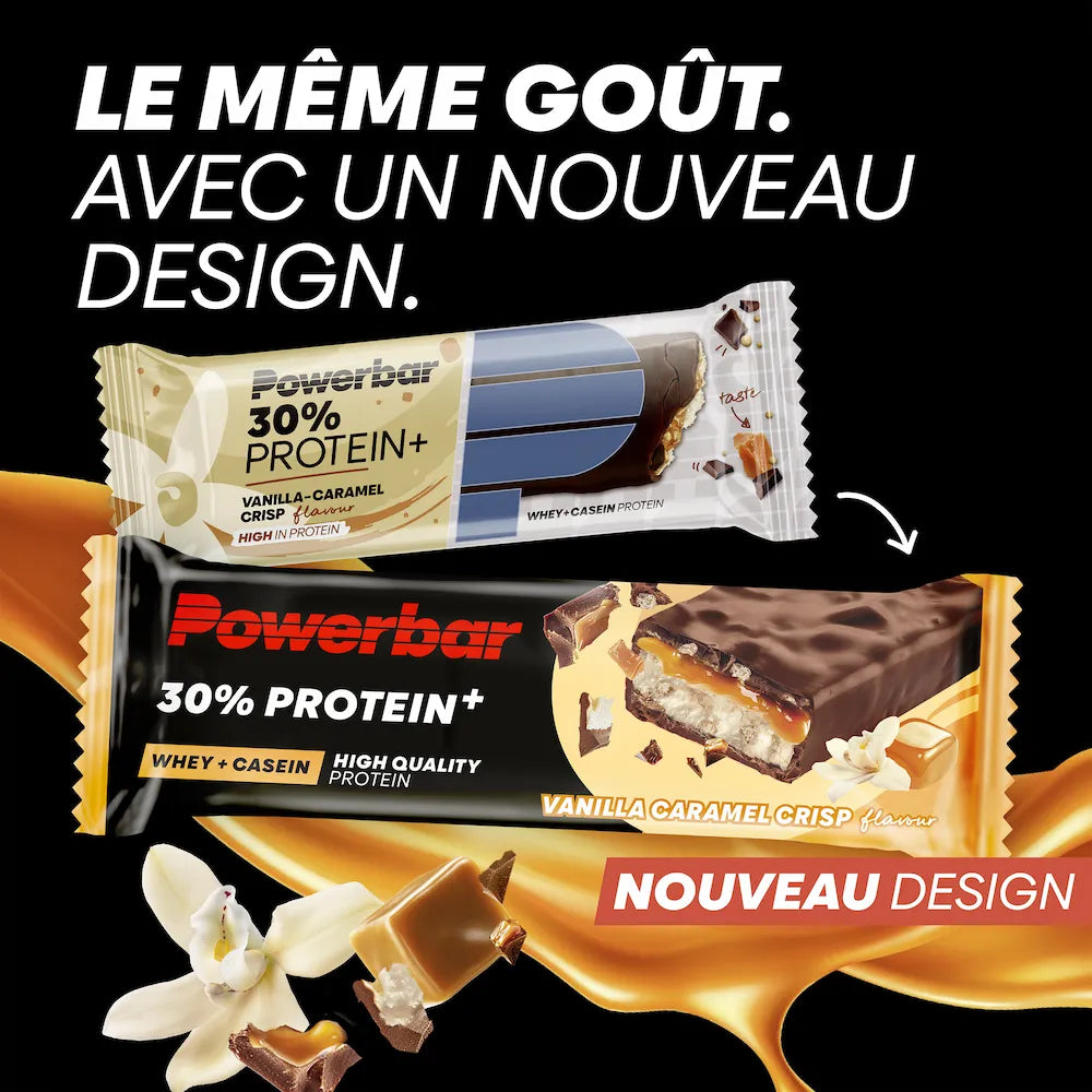 Ancien et nouveau packaging de la barre Powerbar Protein+ 30% Caramel-Vanille 55 g