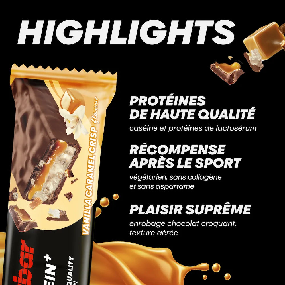 Barre Powerbar Protein+ 30% Caramel-Vanille avec protéines de caséine et lactosérum, enrobage chocolat et cœur caramel