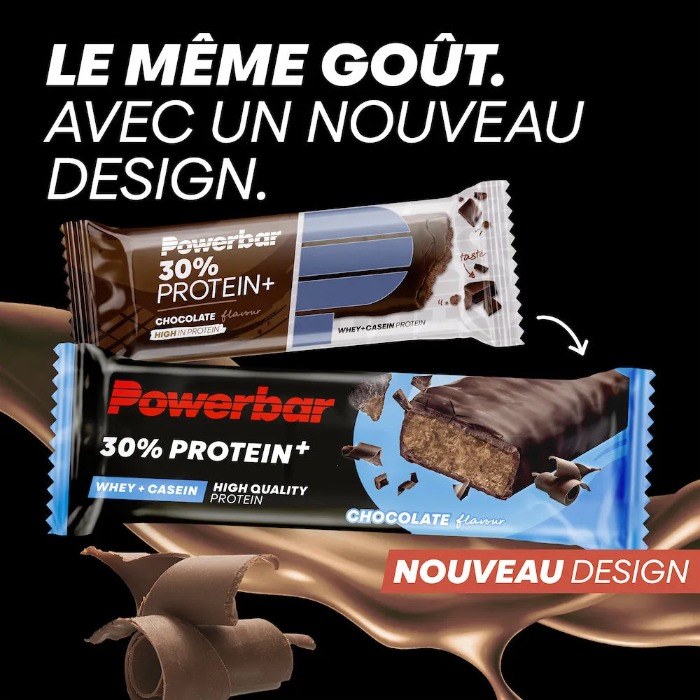 Ancien et nouveau packaging de la barre Powerbar Protein+ 30% Chocolat 55 g