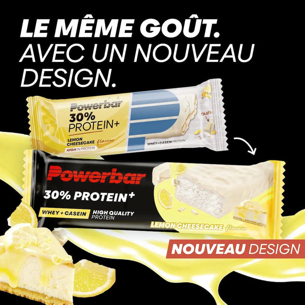 Ancien et nouveau packaging de la barre Powerbar Protein+ 30% Citron-Cheesecake 55 g