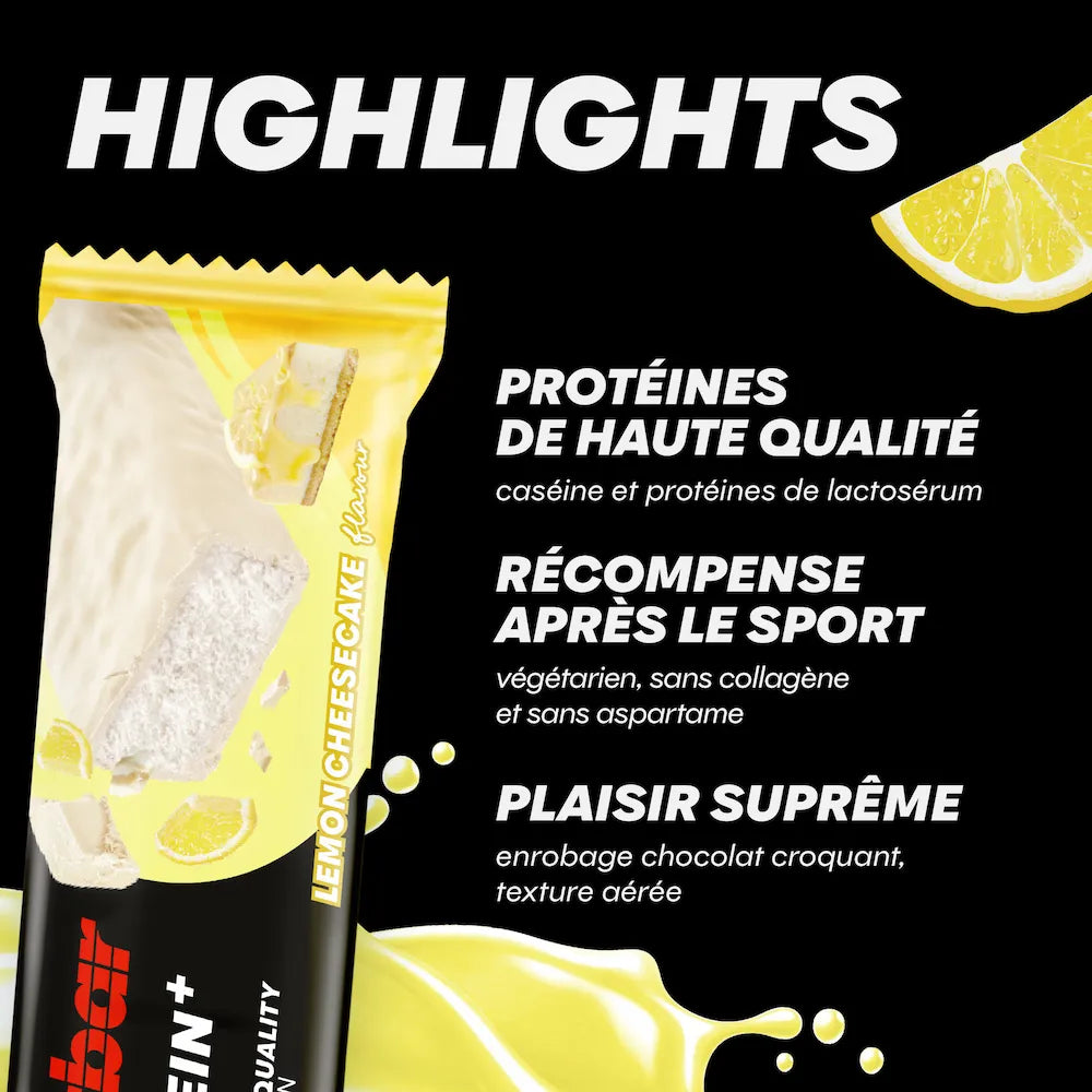 Barre Powerbar Protein+ 30% Citron-Cheesecake coupée avec enrobage blanc, intérieur aéré et citron