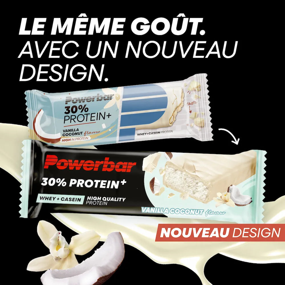 Ancien et nouveau packaging de la barre Powerbar Protein+ 30% Vanille-Coco 55 g