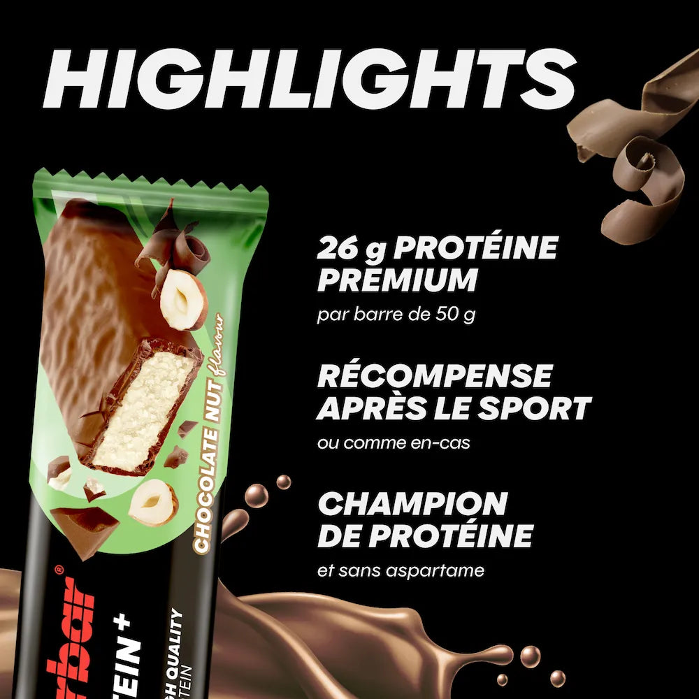 Barre Powerbar Protein+ 52% Chocolat-noisettes avec 26 g de protéines par barre de 50 g