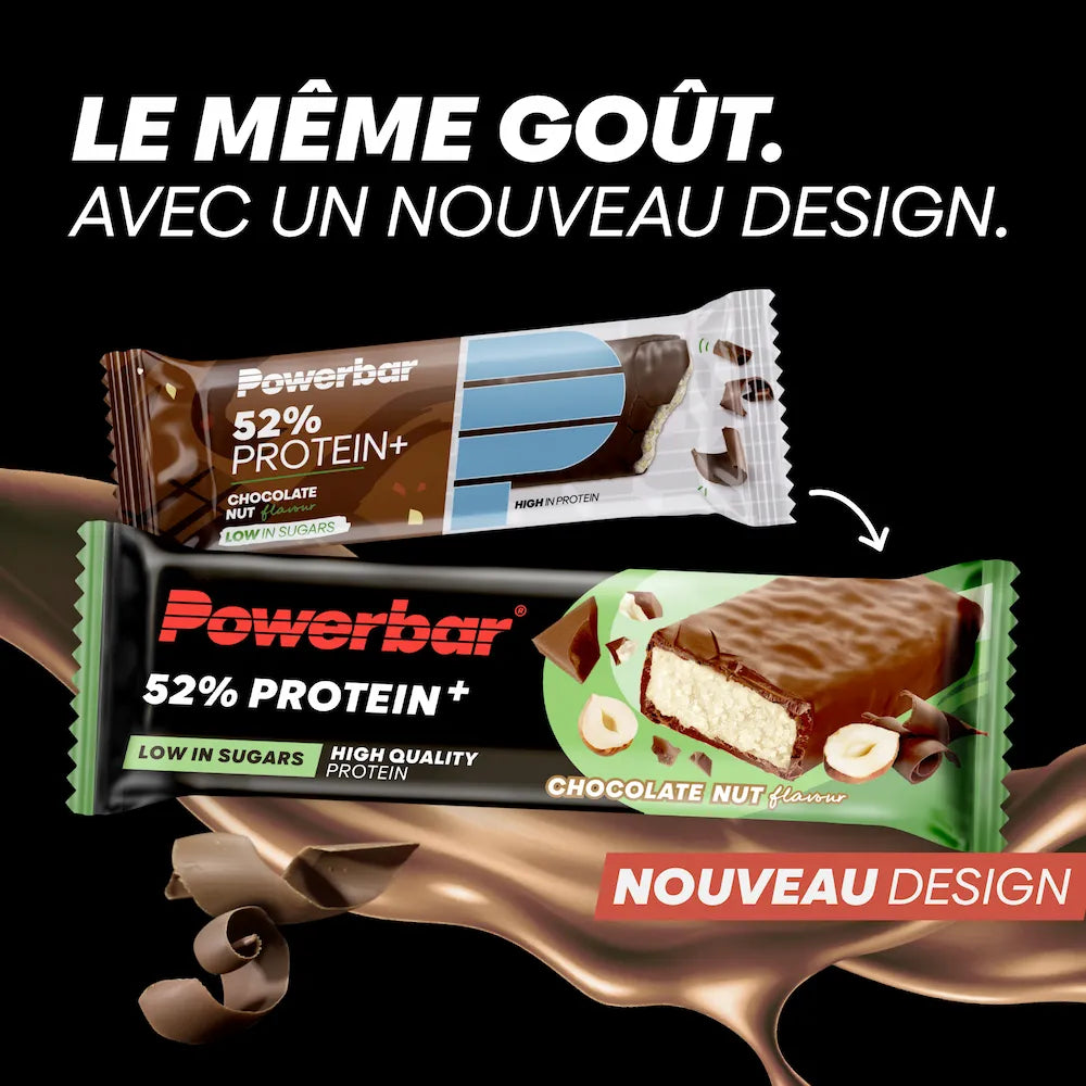 Ancien et nouveau packaging de la barre Powerbar Protein+ 52% Chocolat-noisettes 50 g