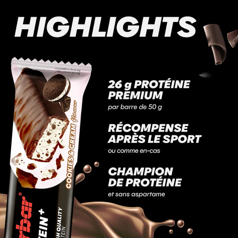 Barre Powerbar Protein+ 52% Cookies & Cream avec 26 g de protéines par barre de 50 g
