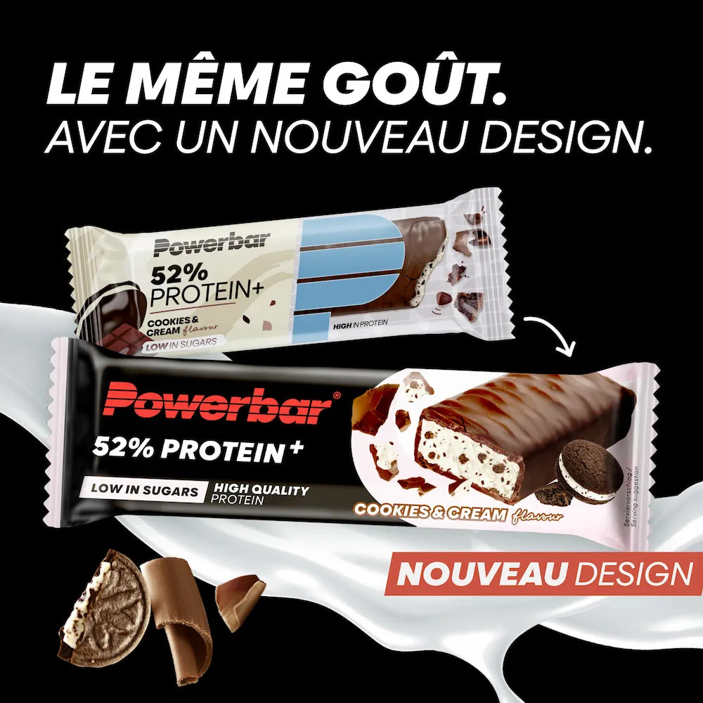 Ancien et nouveau packaging de la barre Powerbar Protein+ 52% Cookies & Cream 50 g