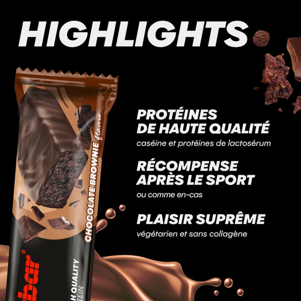 Barre Powerbar Protein+ Low In Sugar Chocolat-Brownie avec protéines de caséine et lactosérum